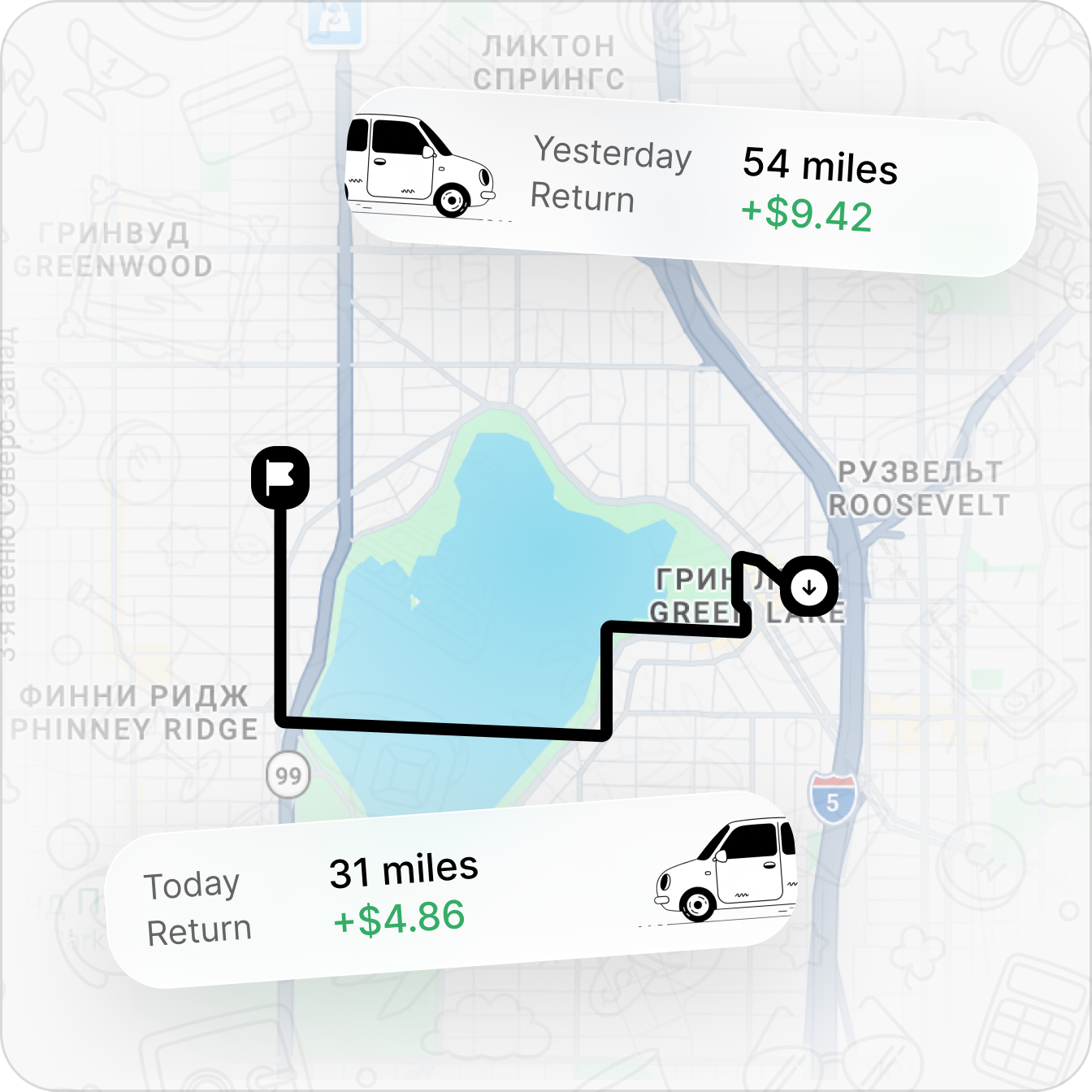 ReceiptOne app showing mileage map tracking