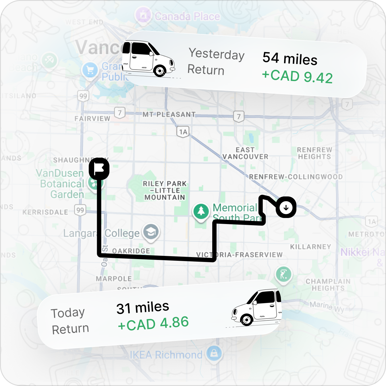 ReceiptOne app showing mileage map tracking
