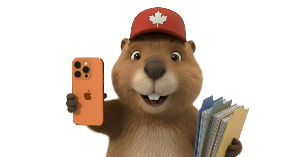 Beaver with phone and folders
